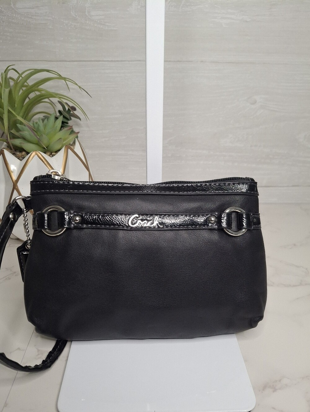 Coach Black Leather Patent Trim Logo Wristlet Clutch
